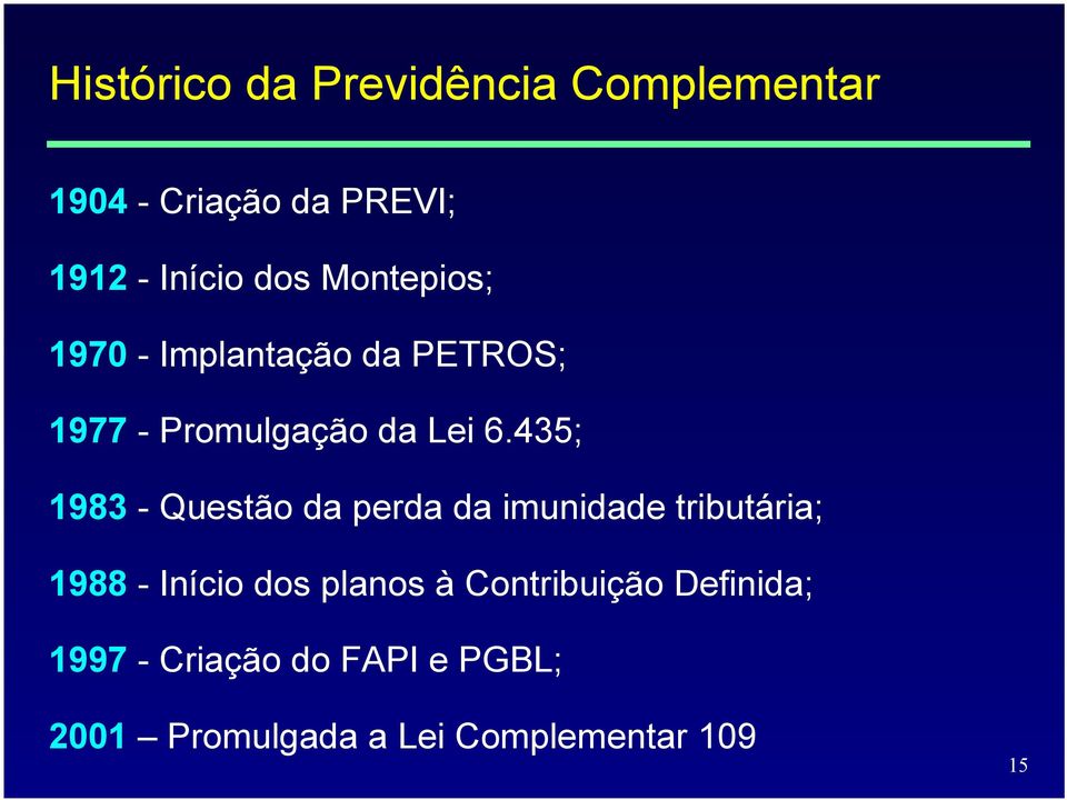 435; 1983 - Questão da perda da imunidade tributária; 1988 - Início dos planos à