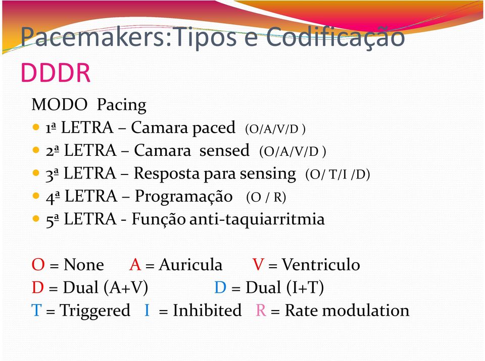 (O / R) 5ª LETRA - Função anti-taquiarritmia O= None A = Auricula V=