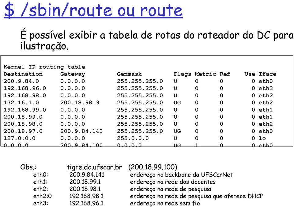 18.99.0 0.0.0.0 255.255.255.0 U 0 0 0 eth1 200.18.98.0 0.0.0.0 255.255.255.0 U 0 0 0 eth2 200.18.97.0 200.9.84.143 255.255.255.0 UG 0 0 0 eth0 127.0.0.0 0.0.0.0 255.0.0.0 U 0 0 0 lo 0.0.0.0 200.9.84.100 0.