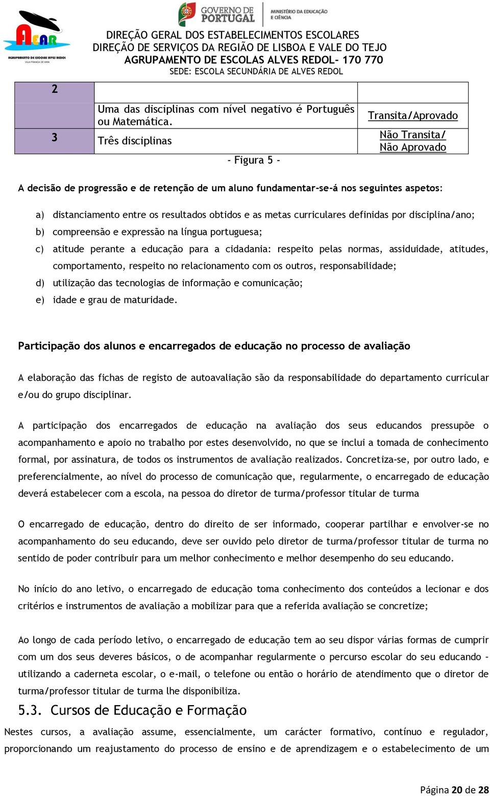 resultados obtidos e as metas curriculares definidas por disciplina/ano; b) compreensão e expressão na língua portuguesa; c) atitude perante a educação para a cidadania: respeito pelas normas,