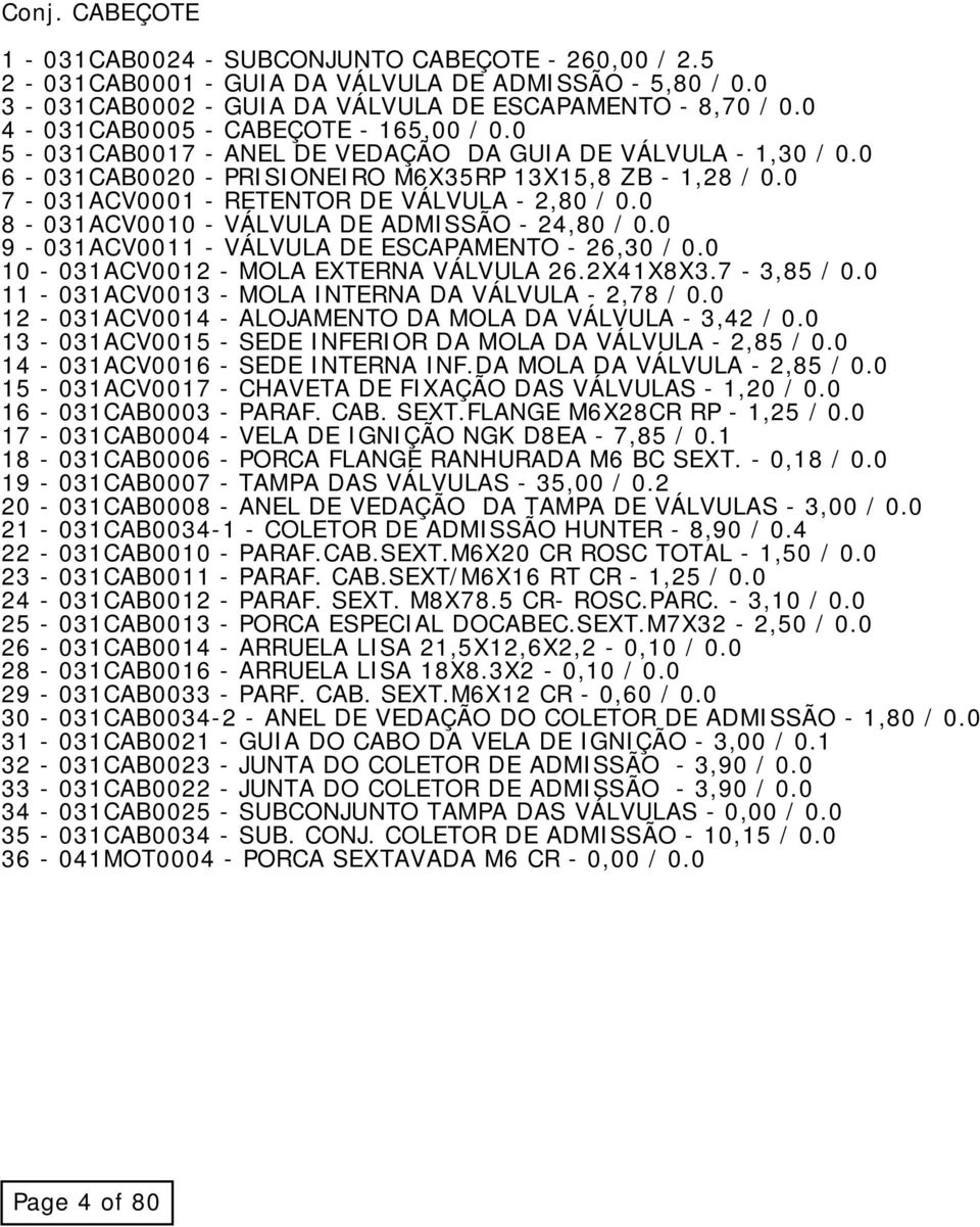 0 7-031ACV0001 - RETENTOR DE VÁLVULA - 2,80 / 0.0 8-031ACV0010 - VÁLVULA DE ADMISSÃO - 24,80 / 0.0 9-031ACV0011 - VÁLVULA DE ESCAPAMENTO - 26,30 / 0.0 10-031ACV0012 - MOLA EXTERNA VÁLVULA 26.2X41X8X3.