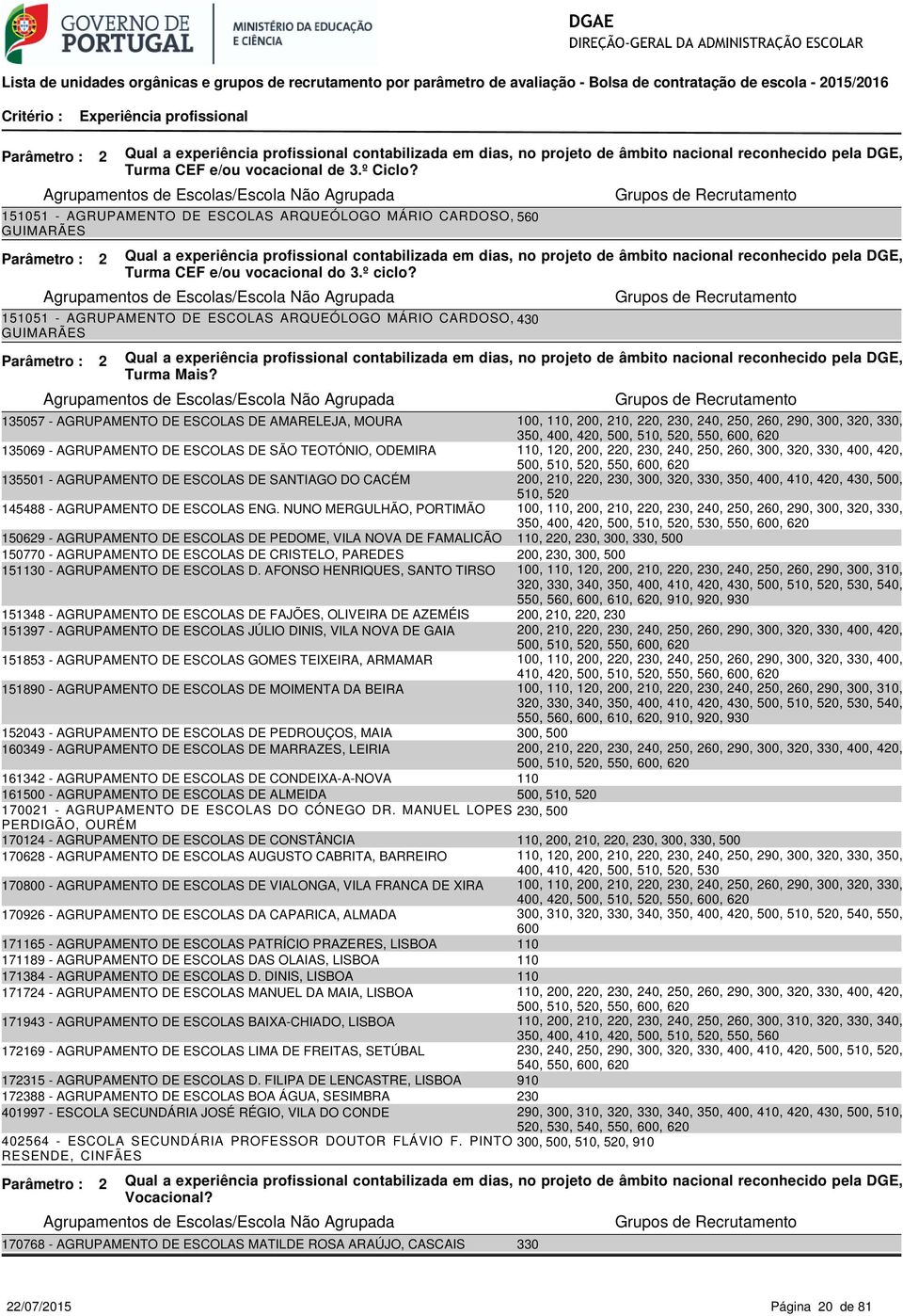 135057 - AGRUPAMENTO DE ESCOLAS DE AMARELEJA, MOURA 100, 110, 200, 210, 220, 230, 240, 250, 260, 290, 300, 320, 330, 350, 400, 420, 500, 510, 520, 550, 600, 620 135069 - AGRUPAMENTO DE ESCOLAS DE SÃO