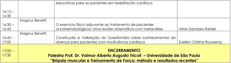 conhecimentos da doença para pacientes com insuficiência cardíaca Aline Dandara Rafael Suellen Cristina Roussenq 17:00 17:30 ENCERRAMENTO