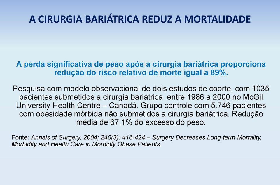 Pesquisa com modelo observacional de dois estudos de coorte, com 1035 pacientes submetidos a cirurgia bariátrica entre 1986 a 2000 no McGil University