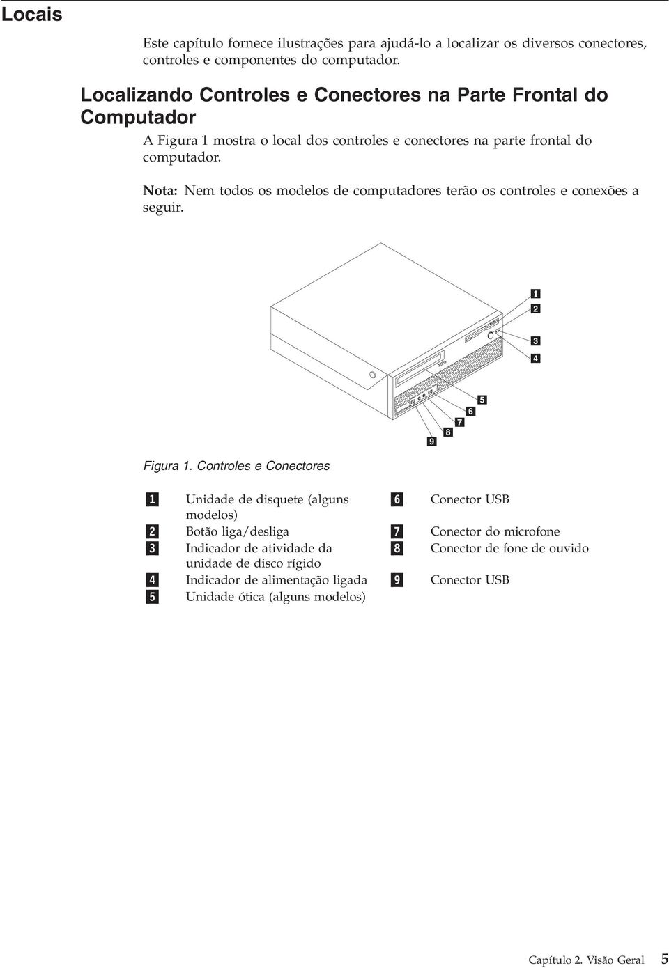 Nota: Nem todos os modelos de computadores terão os controles e conexões a seguir. Figura 1.