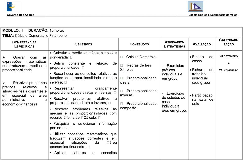 Calcular a média aritmética simples e ponderada; Definir constante e relação de proporcionalidade; Reconhecer os conceitos relativos às funções de proporcionalidade direta e inversa; Representar