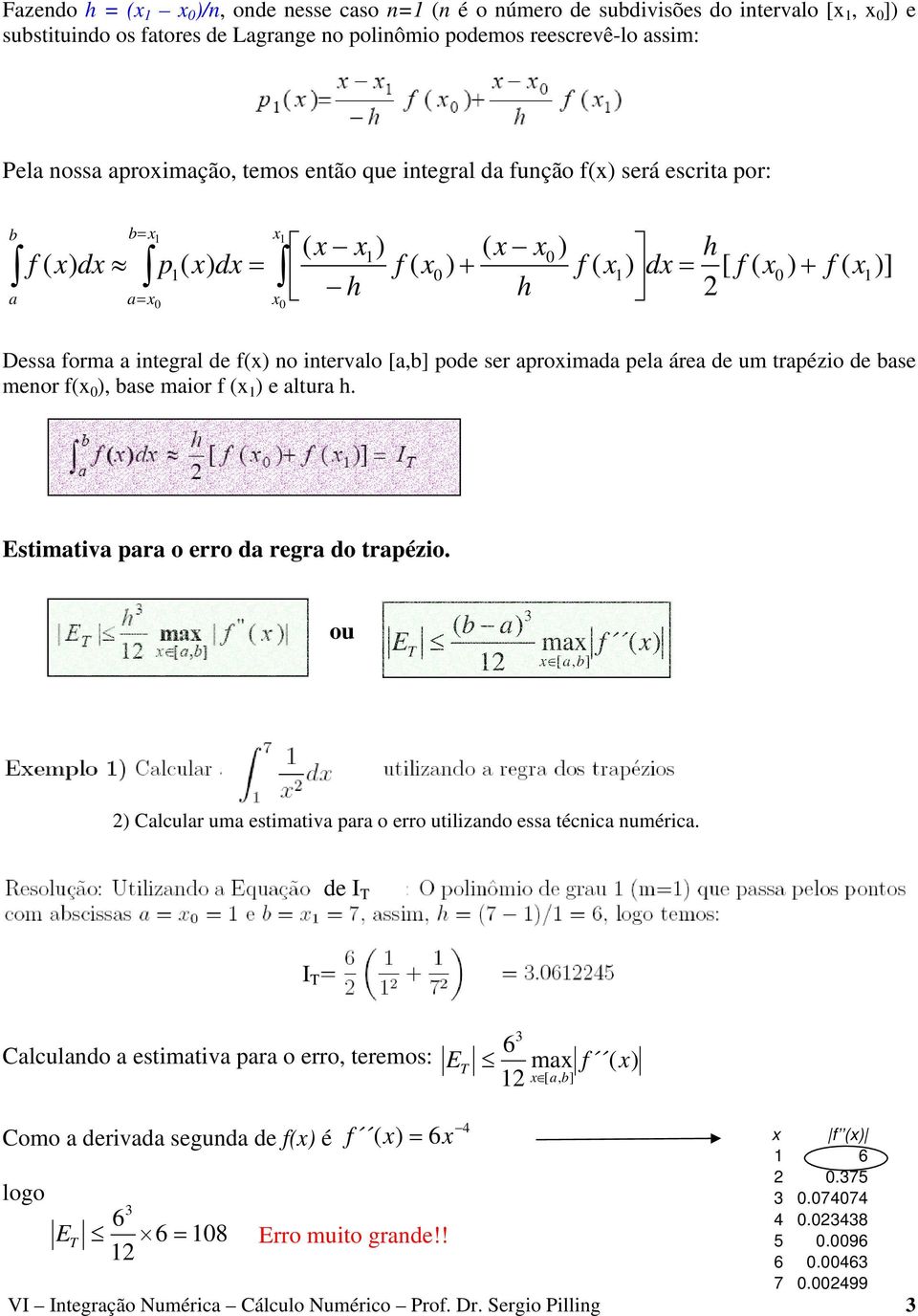 trapézio de base enor f( 0 ), base aior f ( ) e altura h. stiativa para o erro da regra do trapézio. ou T ( b a) a [ ) Calcular ua estiativa para o erro utilizando essa técnica nuérica.