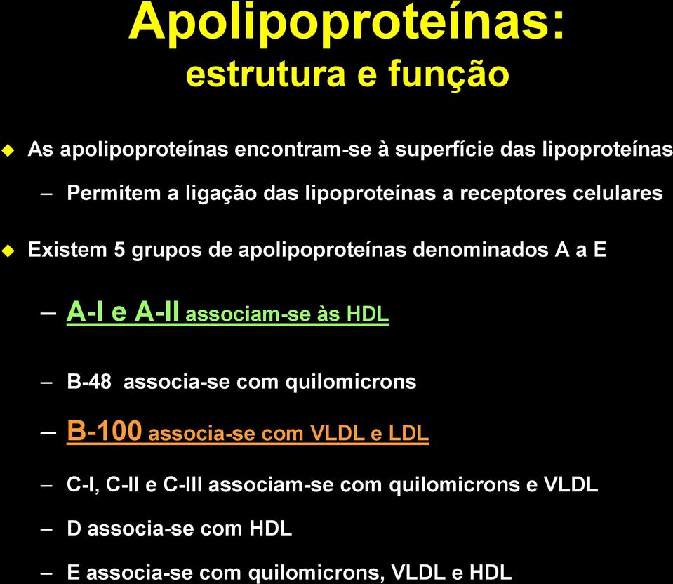 denominados A a E A-I e A-II associam-se às HDL B-48 associa-se com quilomicrons B-100 associa-se com VLDL