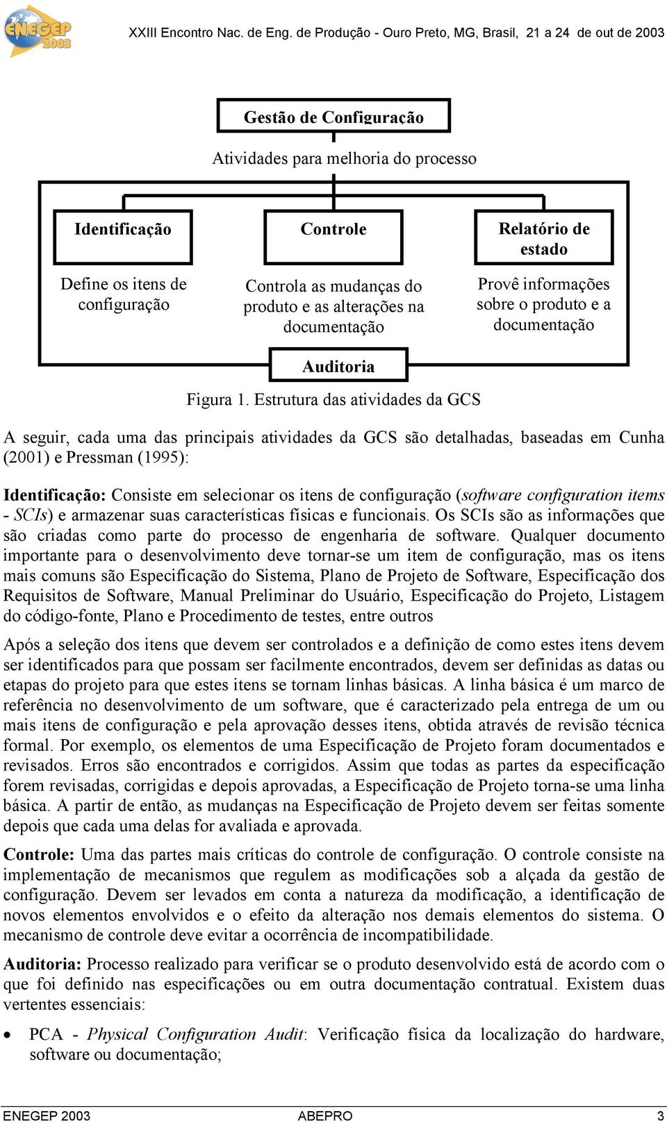 Estrutura das atividades da GCS A seguir, cada uma das principais atividades da GCS são detalhadas, baseadas em Cunha (2001) e Pressman (1995): Identificação: Consiste em selecionar os itens de