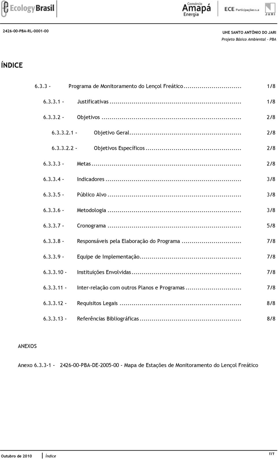 .. 7/8 6.3.3.9 - Equipe de Implementação... 7/8 6.3.3.10 - Instituições Envolvidas... 7/8 6.3.3.11 - Inter-relação com outros Planos e Programas... 7/8 6.3.3.12 - Requisitos Legais... 8/8 6.3.3.13 - Referências Bibliográficas.