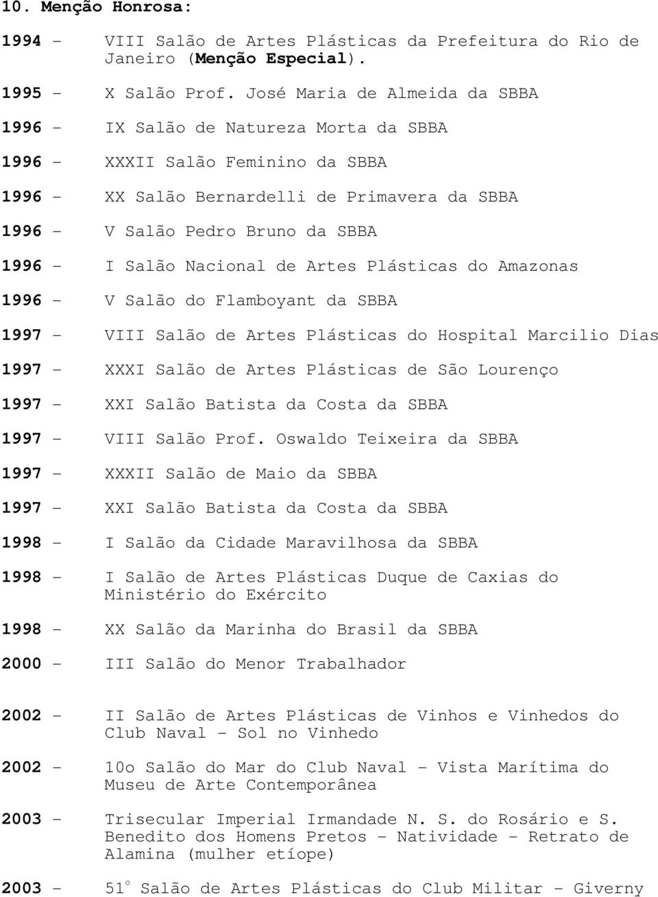 I Salão Nacional de Artes Plásticas do Amazonas 1996 - V Salão do Flamboyant da SBBA 1997 - VIII Salão de Artes Plásticas do Hospital Marcilio Dias 1997 - XXXI Salão de Artes Plásticas de São