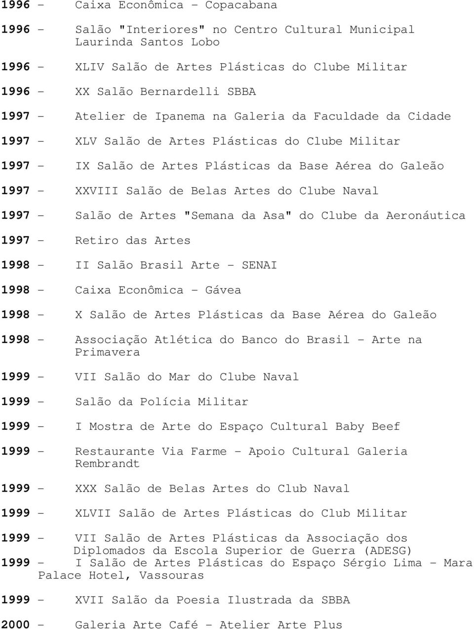 Belas Artes do Clube Naval 1997 - Salão de Artes "Semana da Asa" do Clube da Aeronáutica 1997 - Retiro das Artes 1998 - II Salão Brasil Arte - SENAI 1998 - Caixa Econômica - Gávea 1998 - X Salão de