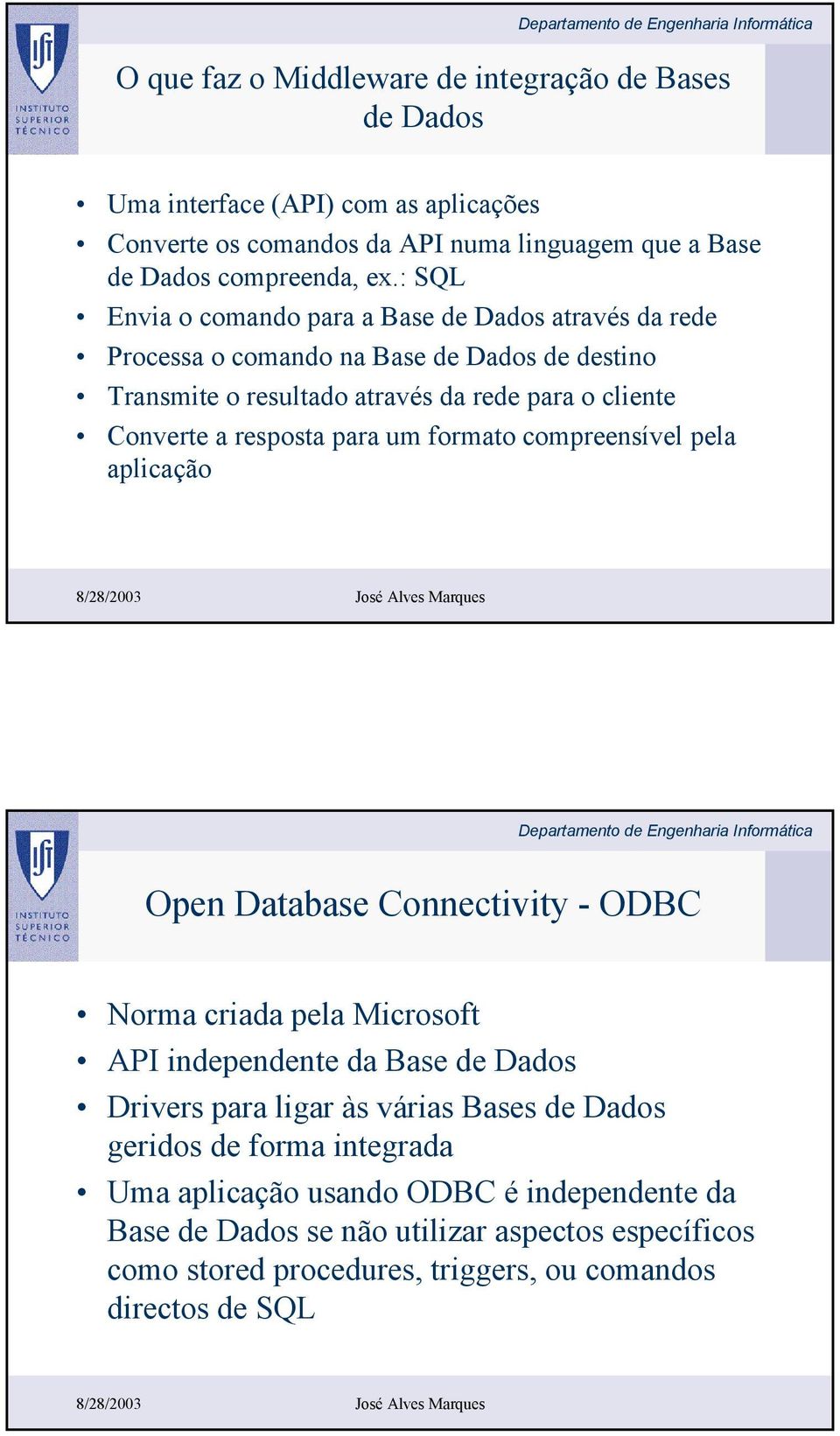 para um formato compreensível pela aplicação Open Database Connectivity - ODBC Norma criada pela Microsoft API independente da Base de Dados Drivers para ligar às várias Bases de