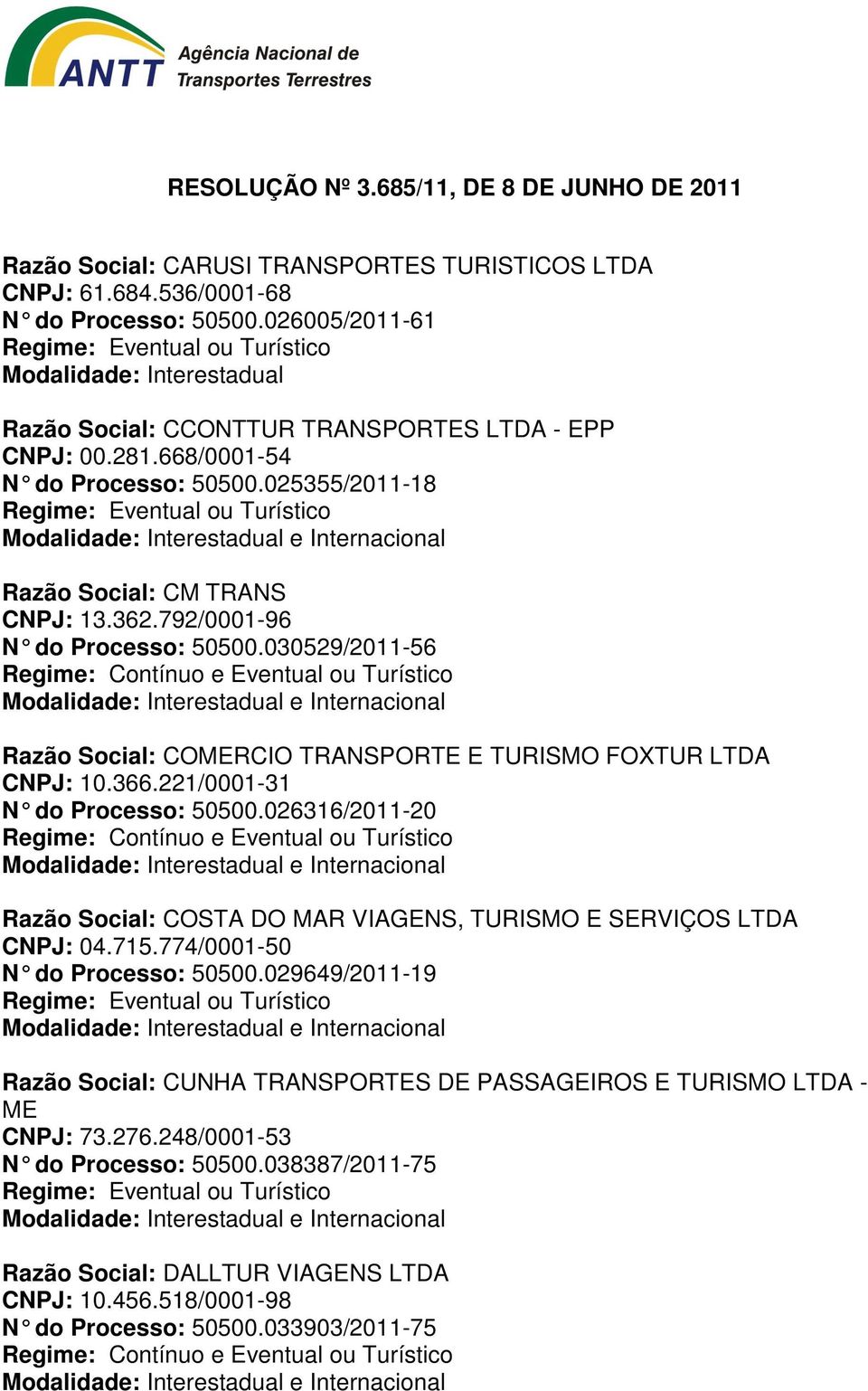 030529/2011-56 Razão Social: COMERCIO TRANSPORTE E TURISMO FOXTUR LTDA CNPJ: 10.366.221/0001-31 N do Processo: 50500.