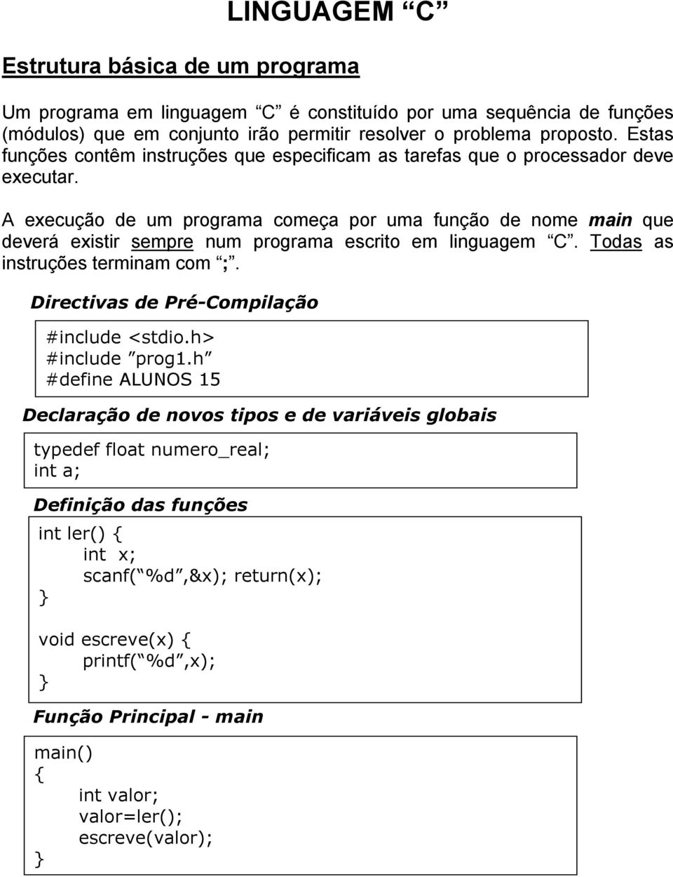 A execução de um programa começa por uma função de nome main que deverá existir sempre num programa escrito em linguagem C. Todas as instruções terminam com ;.