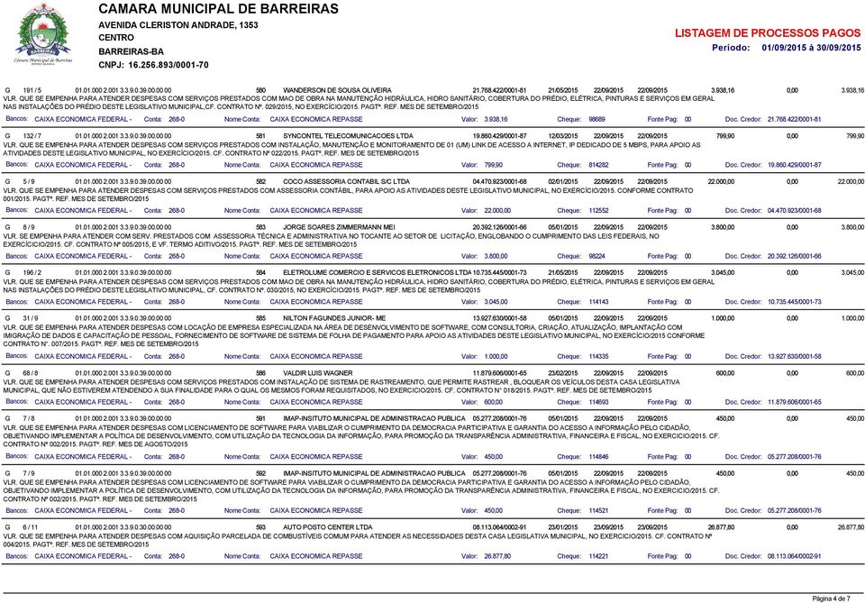 PRÉDIO DESTE LEGISLATIVO MUNICIPAL,CF. CONTRATO Nº. 029/2015, NO EXERCÍCIO/2015. PAGTº. REF.