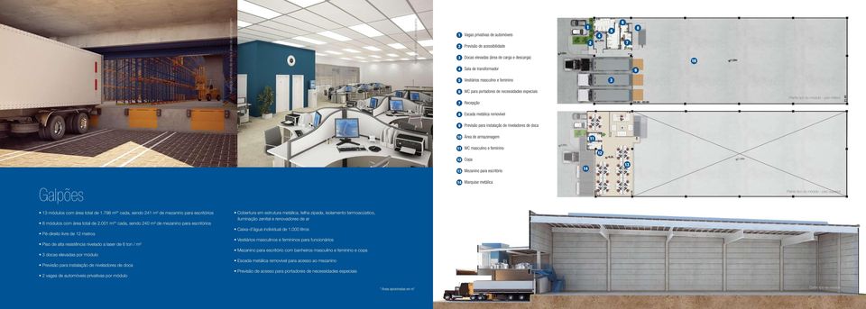niveladores de doca 0 Área de armazenagem WC masculino e feminino Copa Mezanino para escritório Marquise metálica Galpões Planta tipo do módulo - piso superior módulos com área total de.