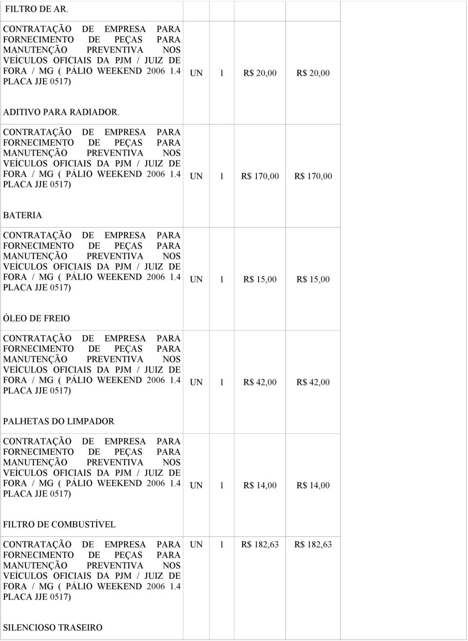 FREIO UN 1 42,00 42,00 PALHETAS DO LIMPADOR UN 1 14,00