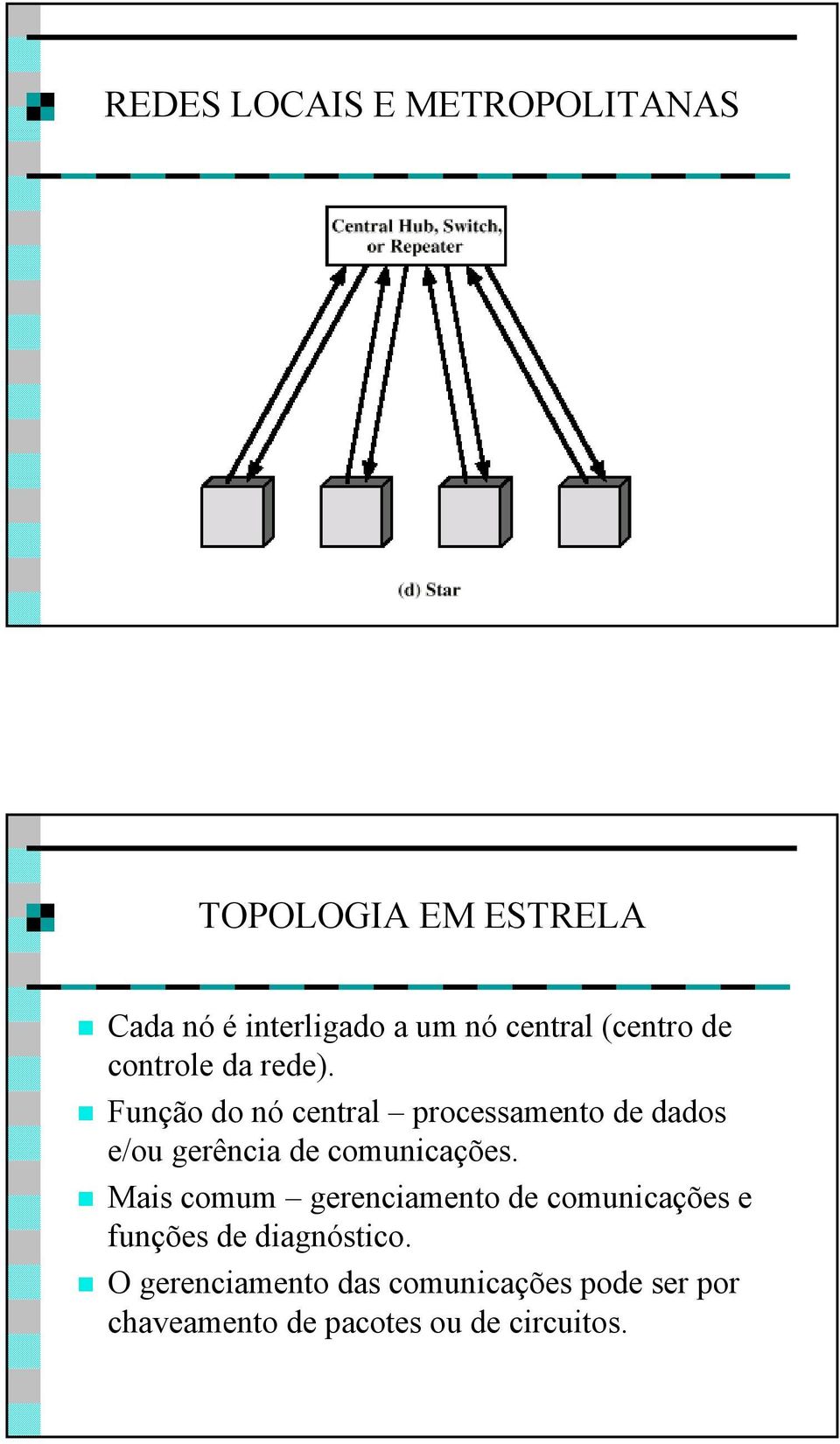 Função do nó central processamento de dados e/ou gerência de comunicações.