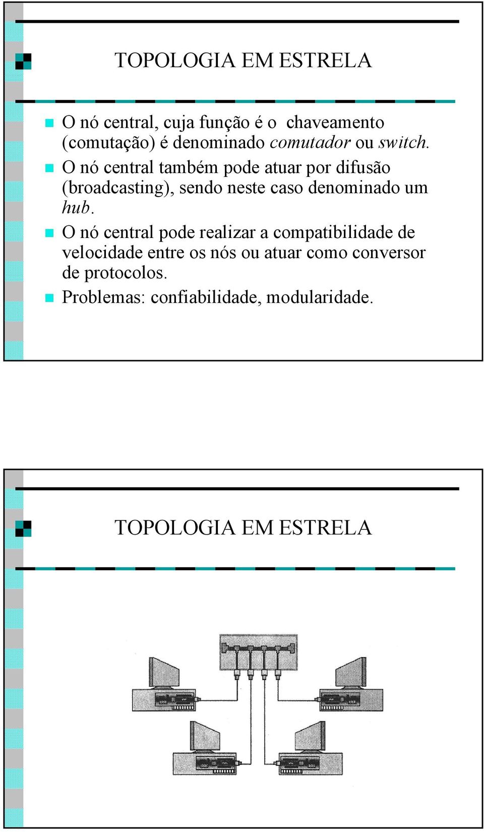 O nó central também pode atuar por difusão (broadcasting), sendo neste caso denominado um hub.