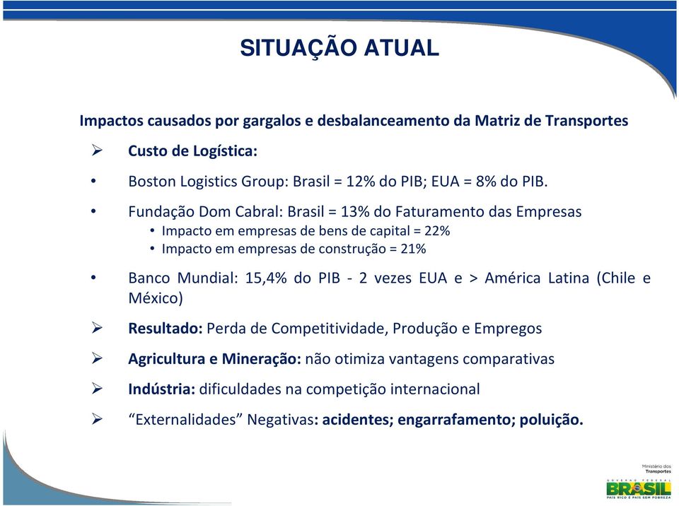 Fundação Dom Cabral: Brasil = 13% do Faturamento das Empresas Impacto em empresas de bens de capital = 22% Impacto em empresas de construção = 21% Banco