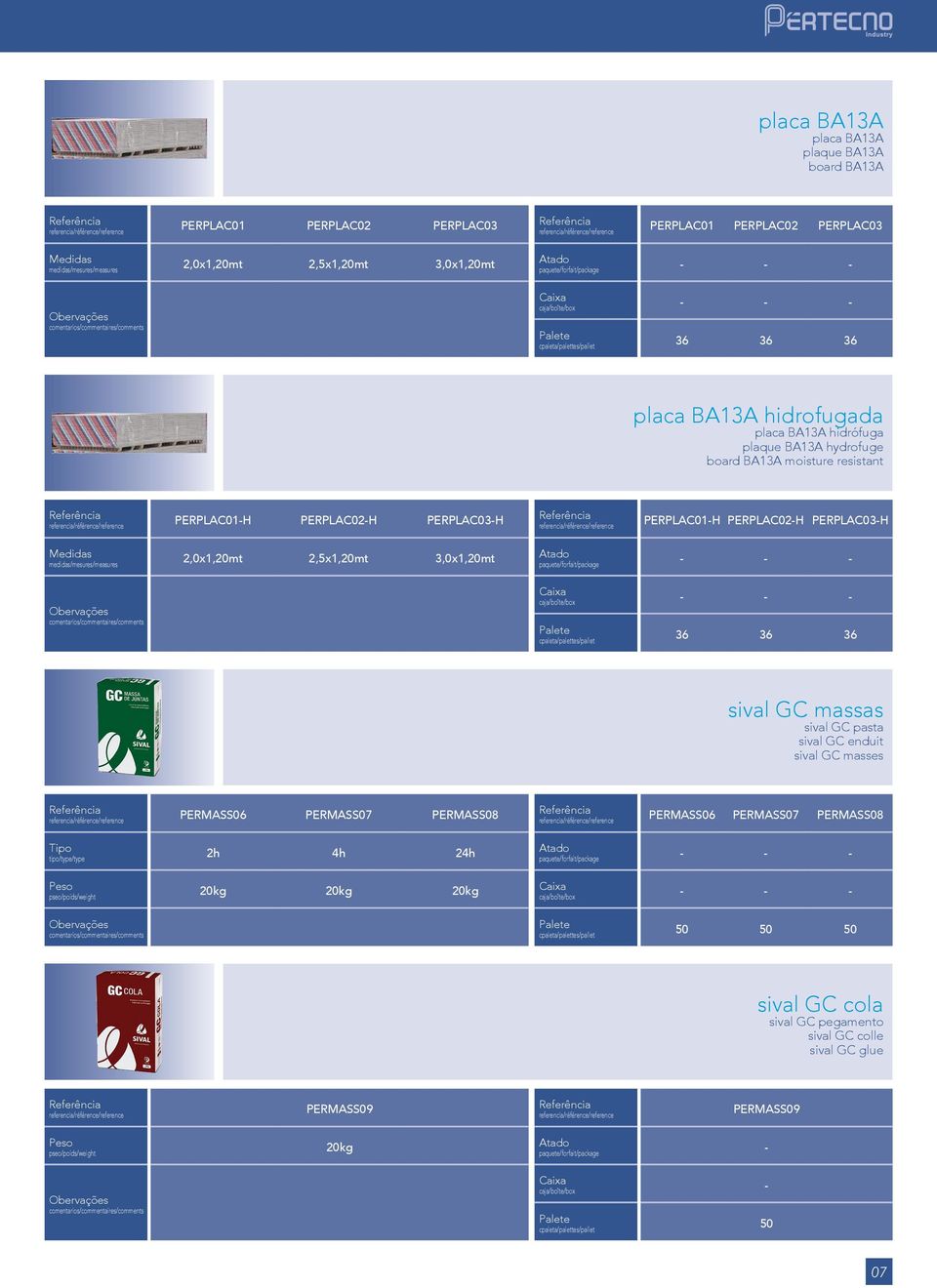 3,0x1,20mt 36 36 36 sival GC massas sival GC pasta sival GC enduit sival GC masses PERMSS06 PERMSS07 PERMSS08 Tipo tipo/type/type 2h 4h 24h Peso