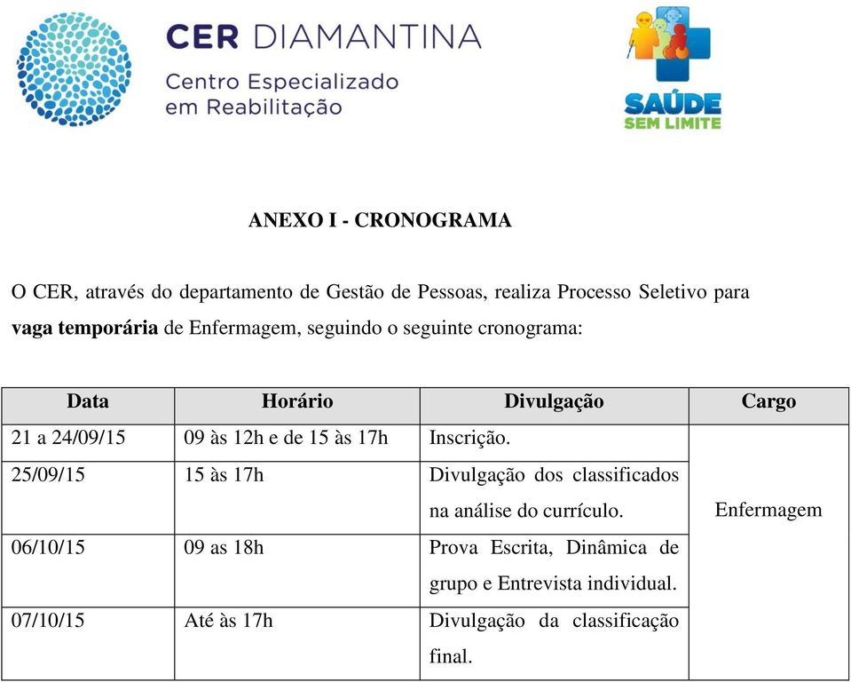 de 15 às 17h Inscrição. 25/09/15 15 às 17h Divulgação dos classificados na análise do currículo.