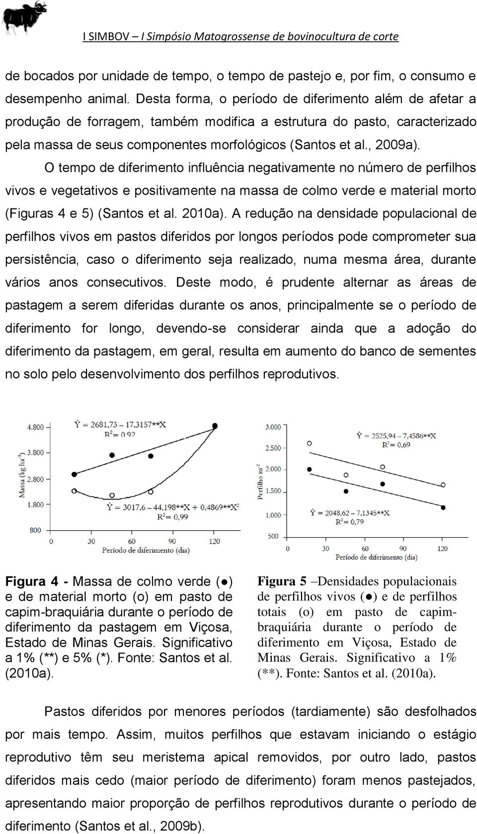 O tempo de diferimento influência negativamente no número de perfilhos vivos e vegetativos e positivamente na massa de colmo verde e material morto (Figuras 4 e 5) (Santos et al. 2010a).