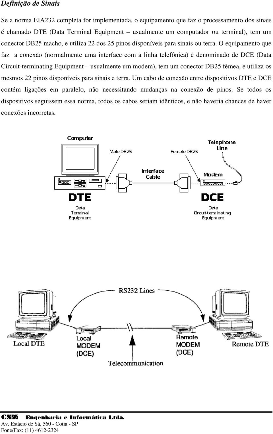 O equipamento que faz a conexão (normalmente uma interface com a linha telefônica) é denominado de DCE (Data Circuit-terminating Equipment usualmente um modem), tem um conector DB25 fêmea, e