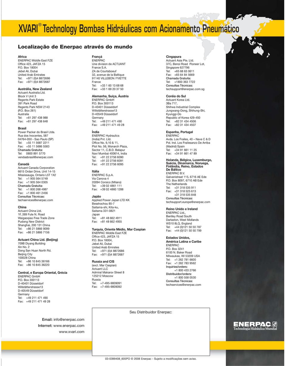Block V Unit 3 Regents Park Estate 391 Park Road Regents Park NSW 2143 (P.O. Box 261) Australia Tel: +61 297 438 988 Fax: +61 297 438 648 Brasil Power Packer do Brasil Ltda.