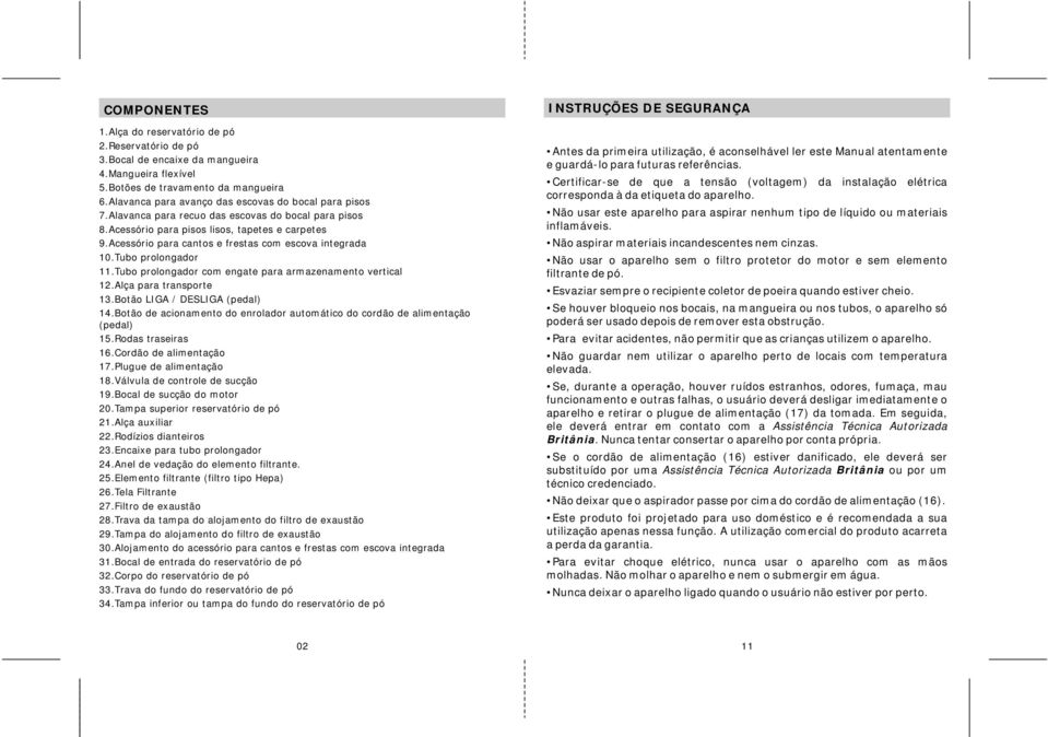 Acessório para cantos e frestas com escova integrada 10.Tubo prolongador 11.Tubo prolongador com engate para armazenamento vertical 12.Alça para transporte 13.Botão LIGA / DESLIGA (pedal) 14.