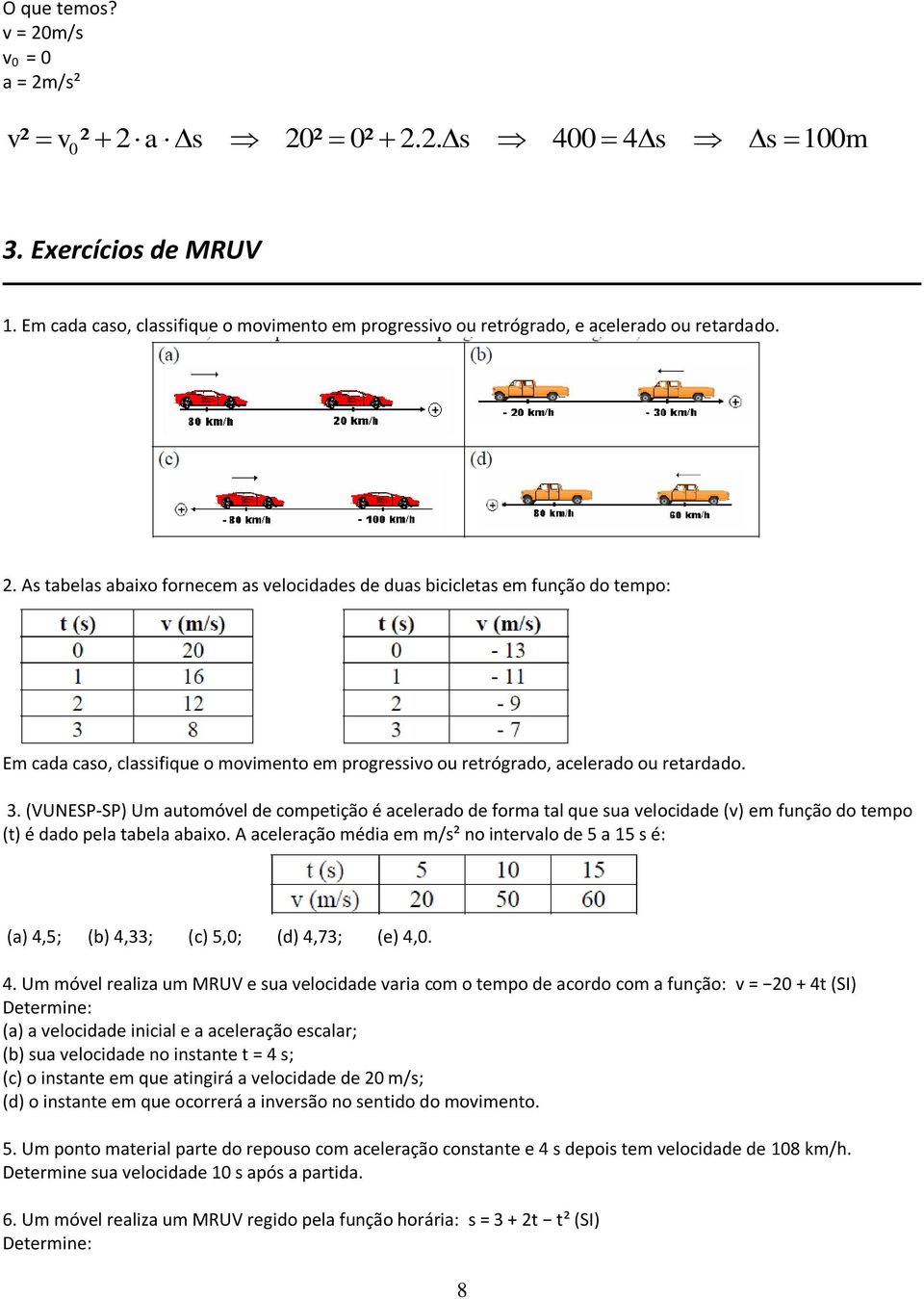 (VUNESP-SP) Um auomóel de compeição é acelerado de forma al que ua elocidade () em função do empo () é dado pela abela abaixo.