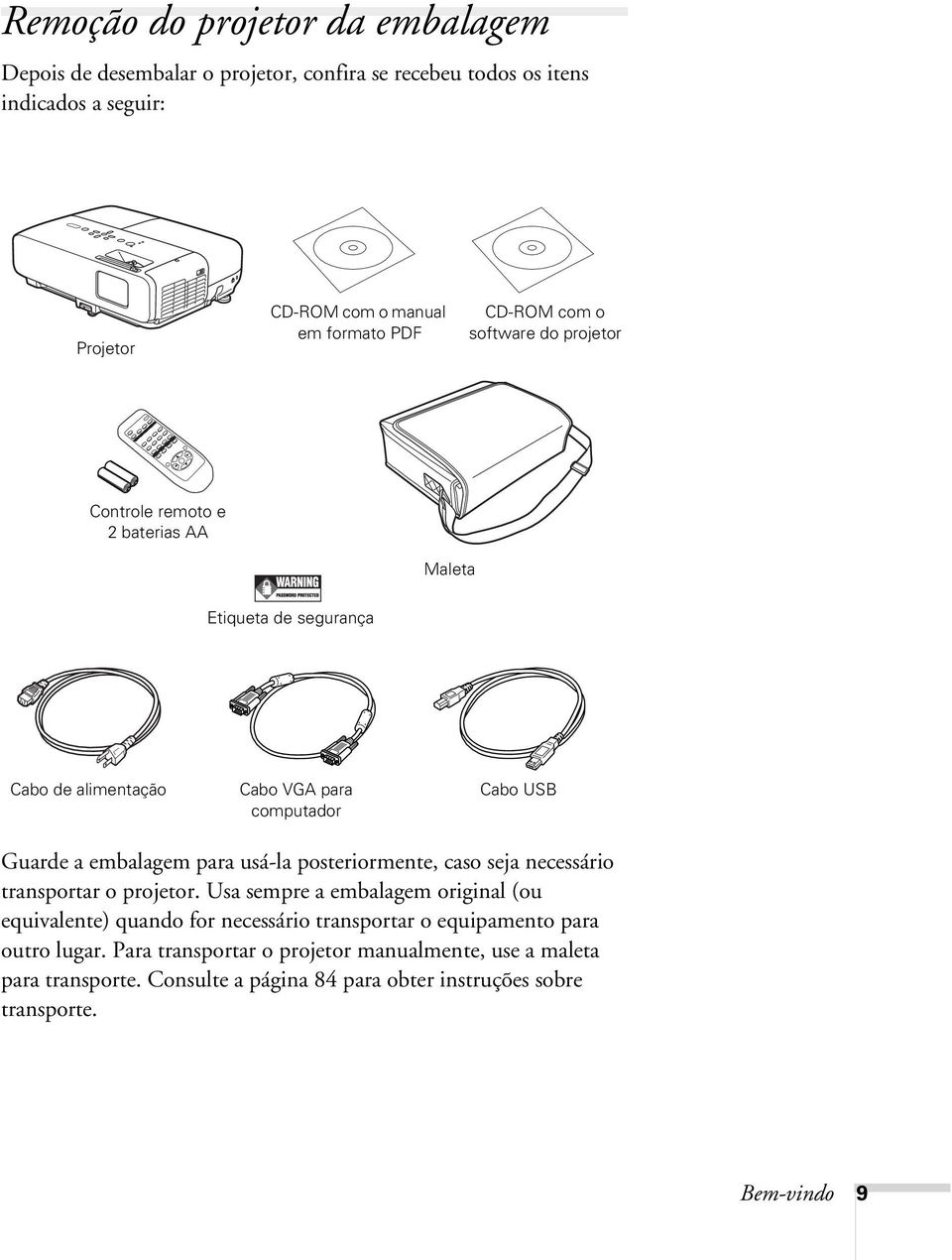 embalagem para usá-la posteriormente, caso seja necessário transportar o projetor.