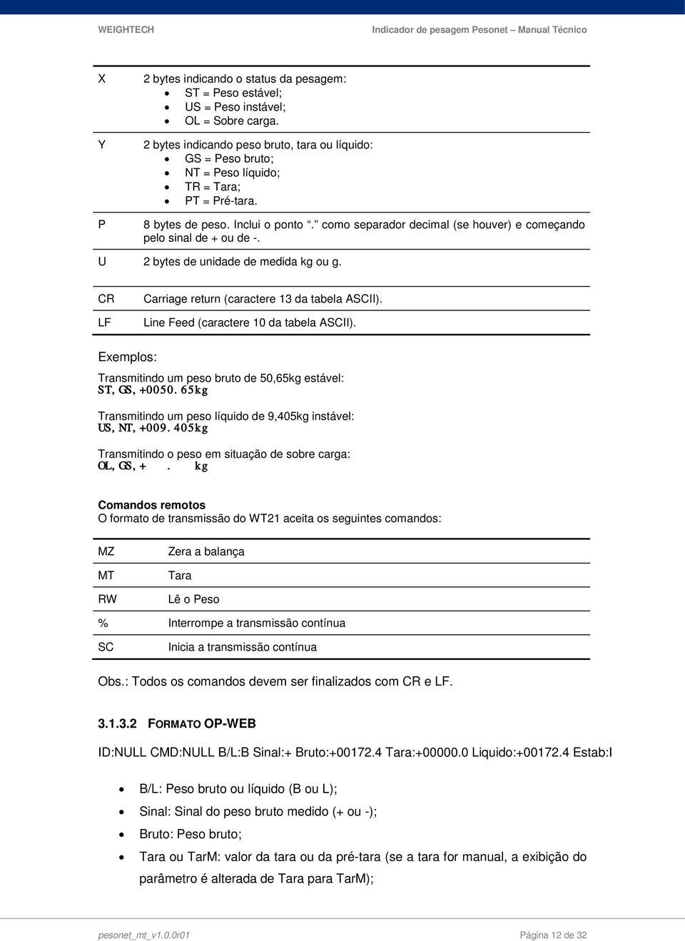 como separador decimal (se houver) e começando pelo sinal de + ou de -. U 2 bytes de unidade de medida kg ou g. CR LF Carriage return (caractere 13 da tabela ASCII).