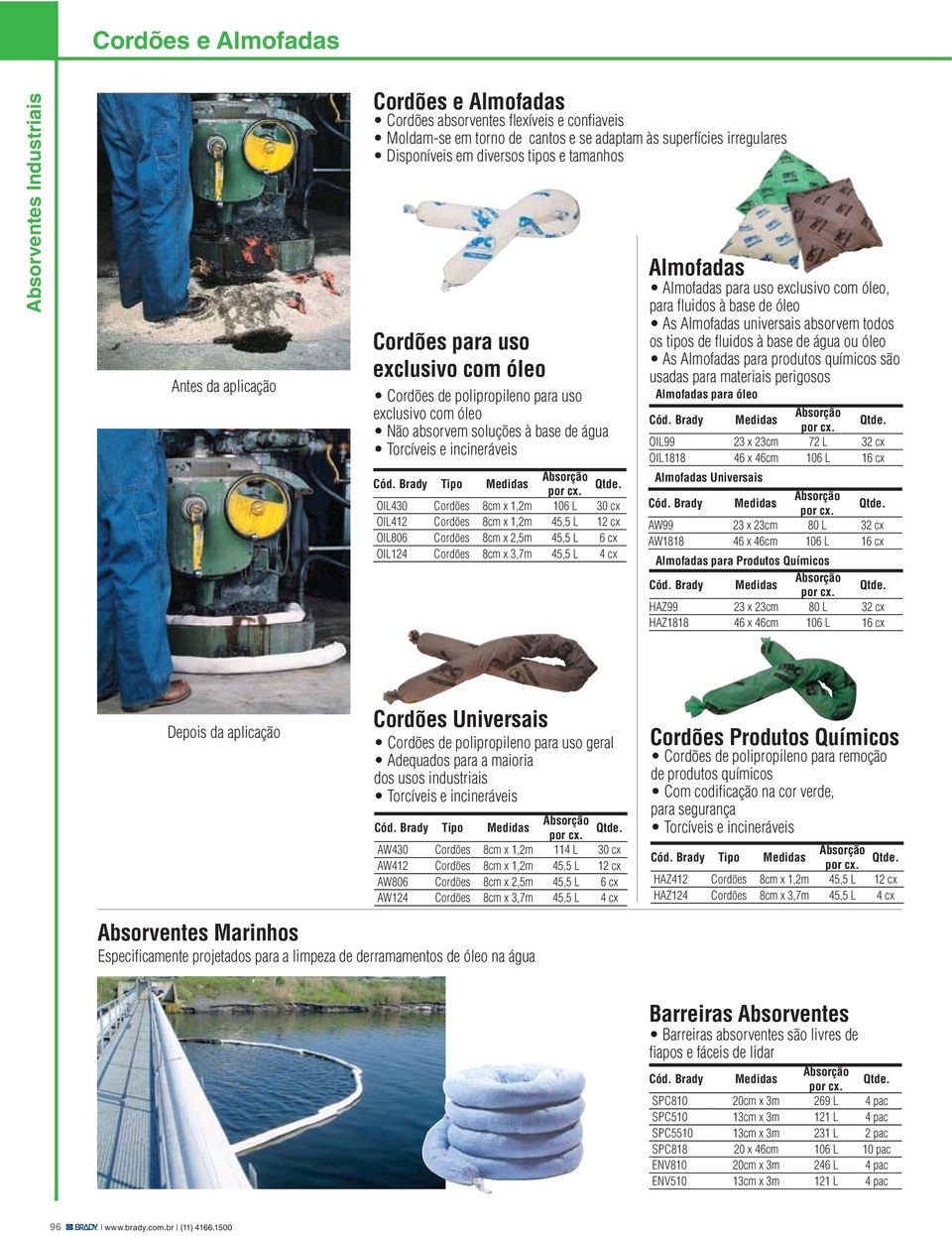 Brady Absorventes Marinhos Cordões Universais dos usos industriais Especificamente projetados para a limpeza de derramamentos de