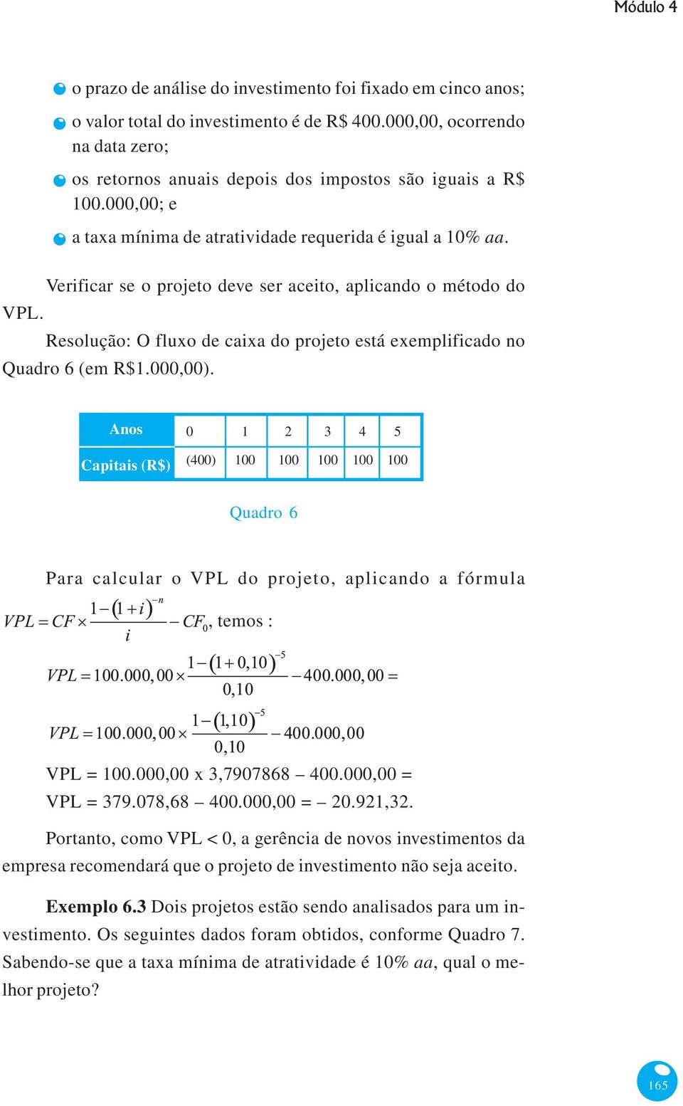 Verificar se o projeto deve ser aceito, aplicando o método do VPL. Resolução: O fluxo de caixa do projeto está exemplificado no Quadro 6 (em R$1.000,00).