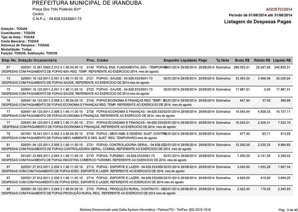 493,00 DESPESAS COM PAGAMENTO DE FOPAG SAÚDE, REFERENTE AO EXERCÍCIO DE 2014.mes de agosto 73 020601 10.122.0011.2.031 3.1.90.11.00 10 2722 FOPAG - SAUDE - 04.628.