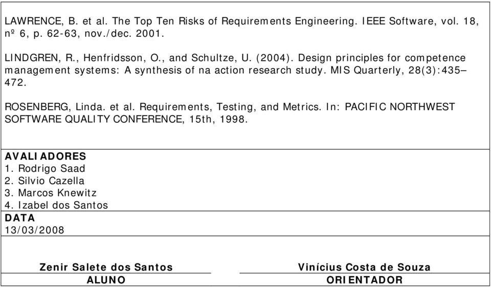 MIS Quarterly, 28(3):435 472. ROSENBERG, Linda. et al. Requirements, Testing, and Metrics.