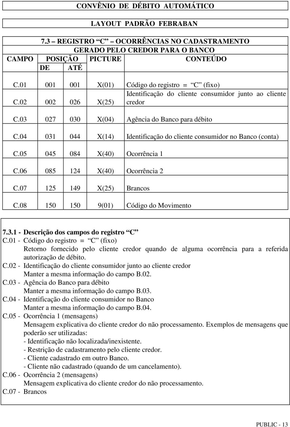 04 031 044 X(14) Identificação do cliente consumidor no Banco (conta) C.05 045 084 X(40) Ocorrência 1 C.06 085 124 X(40) Ocorrência 2 C.07 125 149 X(25) Brancos C.