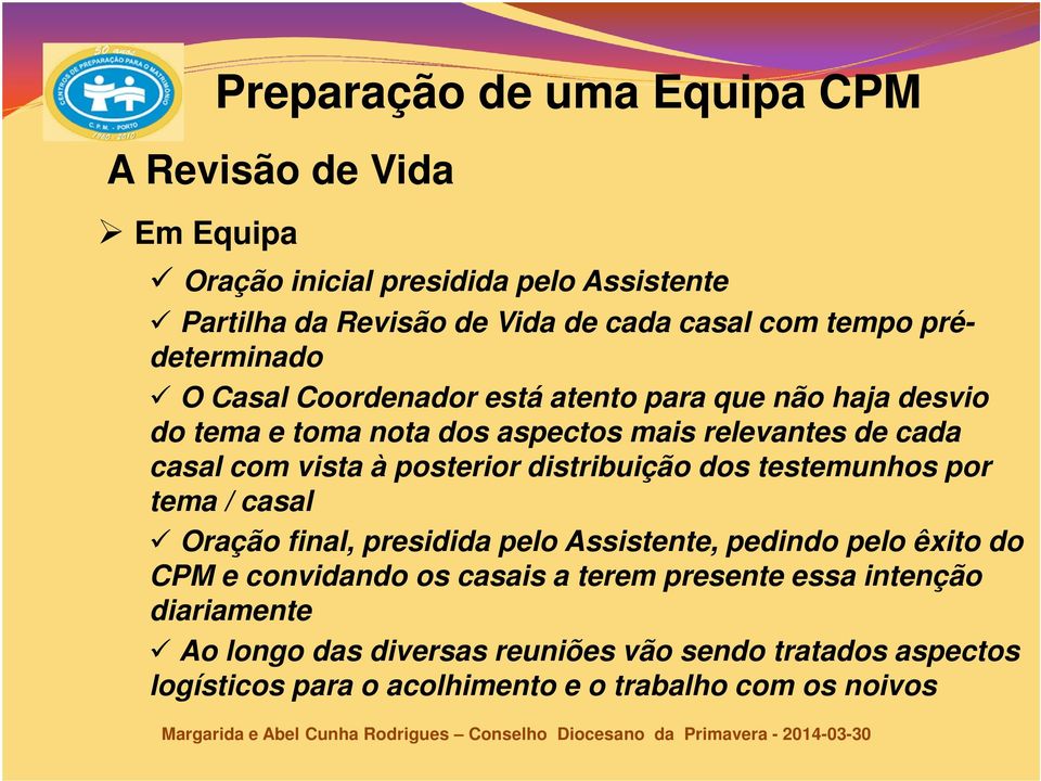 distribuição dos testemunhos por tema / casal Oração final, presidida pelo Assistente, pedindo pelo êxito do CPM e convidando os casais a