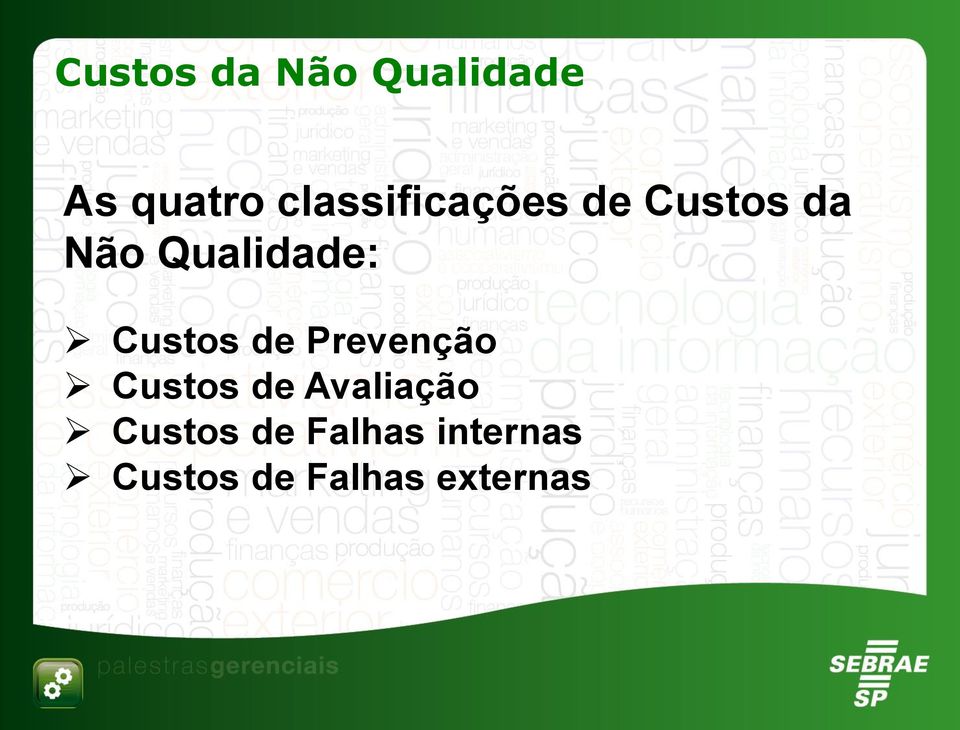 Qualidade: Custos de Prevenção Custos de