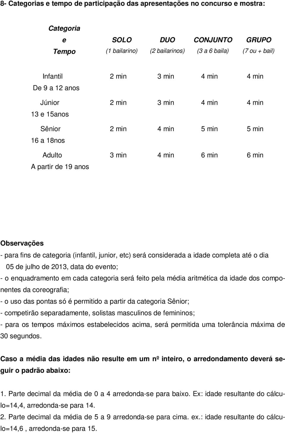 categoria (infantil, junior, etc) será considerada a idade completa até o dia 05 de julho de 2013, data do evento; - o enquadramento em cada categoria será feito pela média aritmética da idade dos