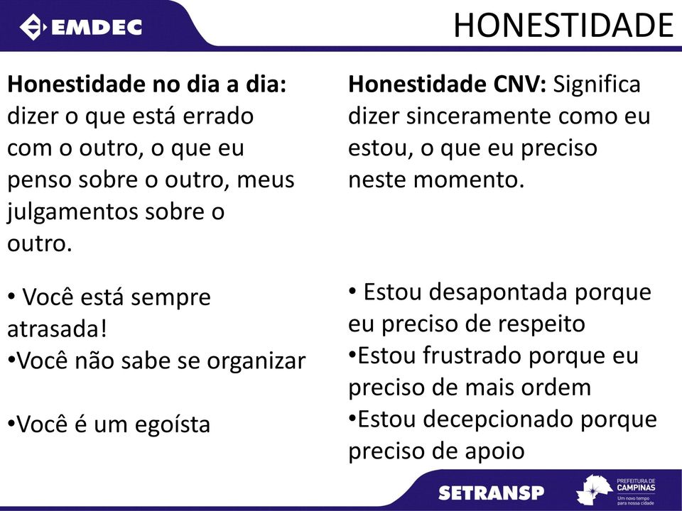 Você não sabe se organizar Você é um egoísta Honestidade CNV: Significa dizer sinceramente como eu estou, o