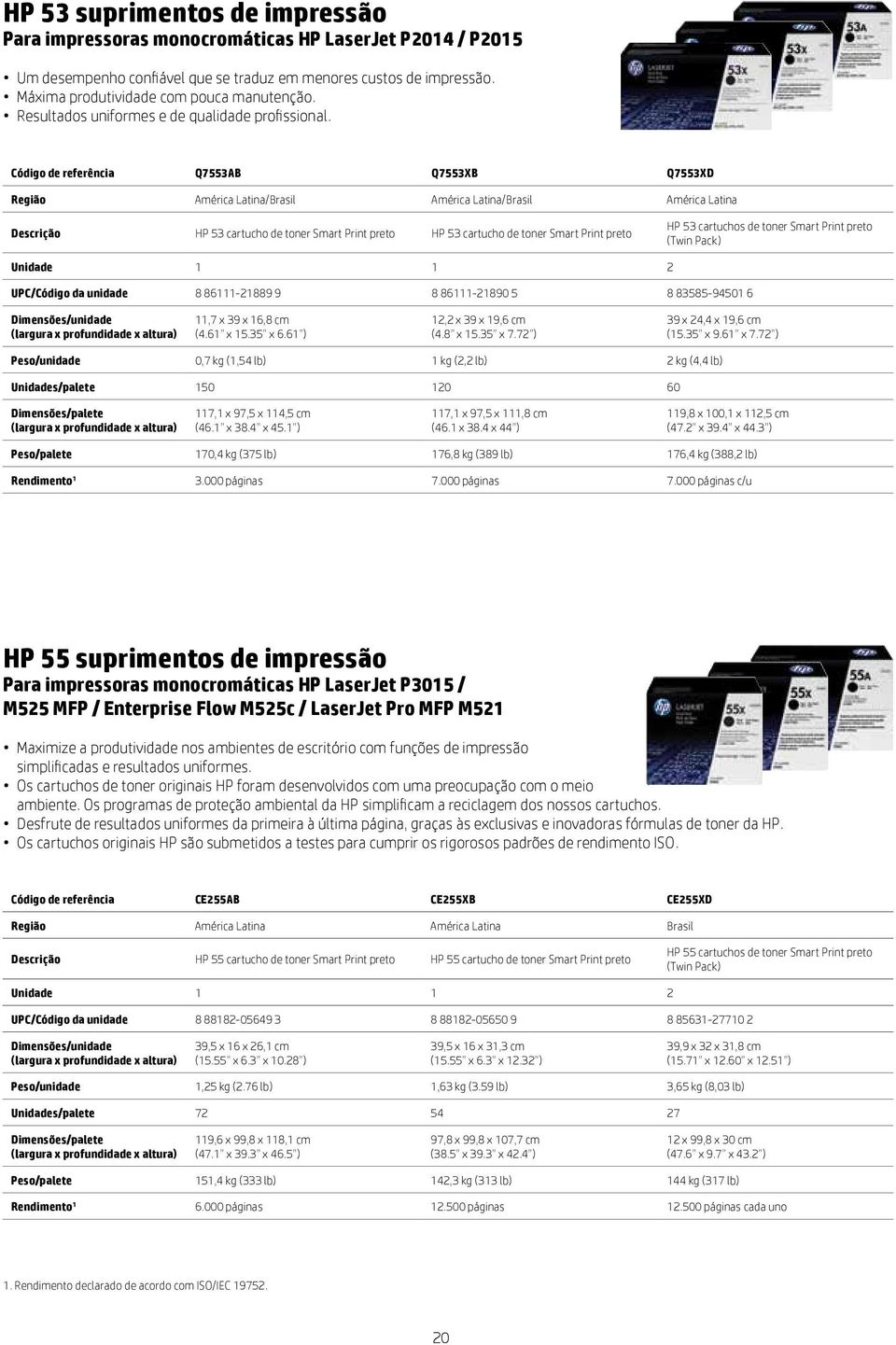 Código de referência Q7553AB Q7553XB Q7553XD Região América Latina/Brasil América Latina/Brasil América Latina HP 53 cartucho de toner Smart Print preto HP 53 cartucho de toner Smart Print preto HP