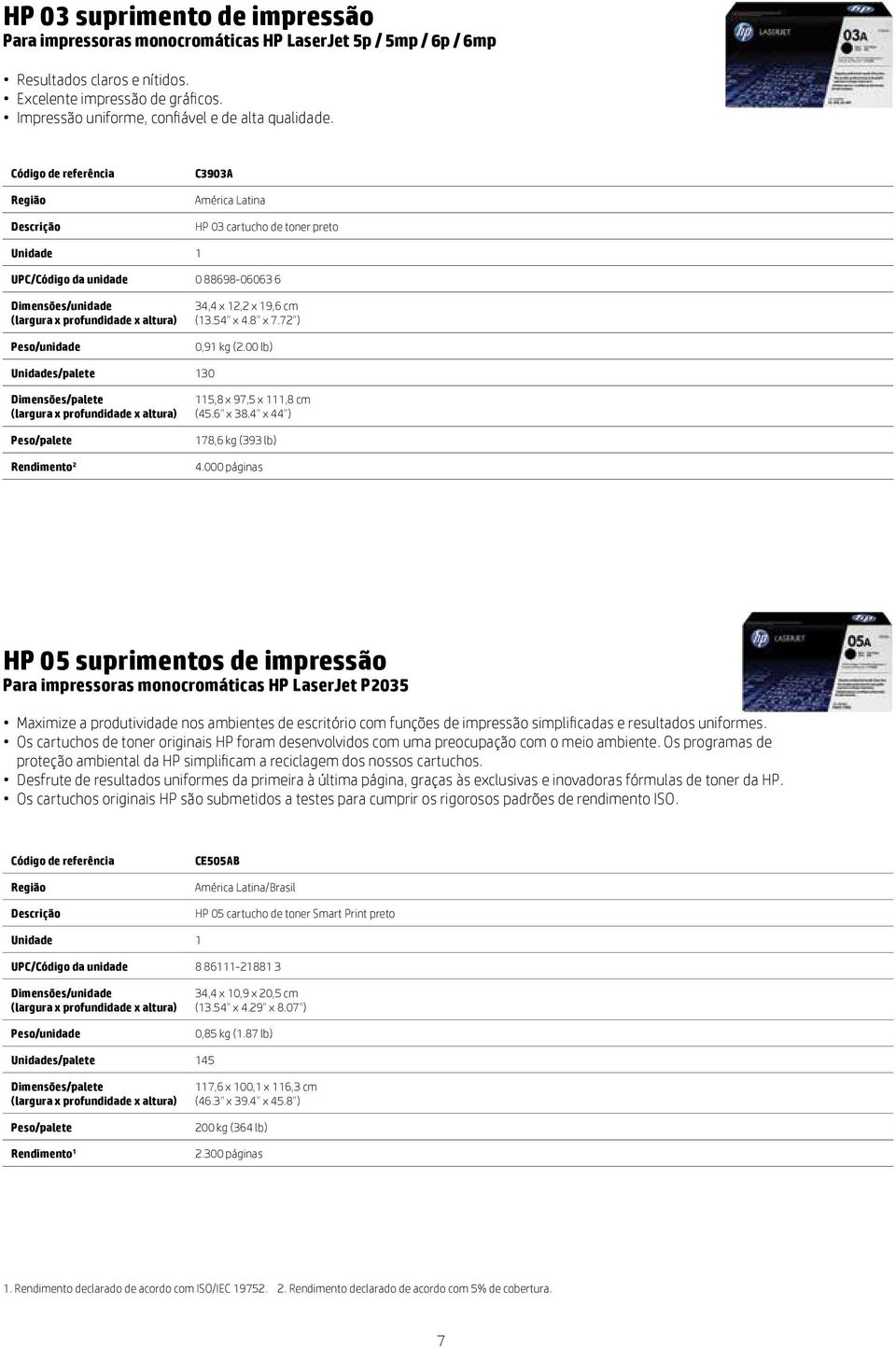 Código de referência Região C3903A América Latina HP 03 cartucho de toner preto Unidade 1 UPC/Código da unidade 0 88698-06063 6 Peso/unidade 34,4 x 12,2 x 19,6 cm (13.54 x 4.8 x 7.72 ) 0,91 kg (2.
