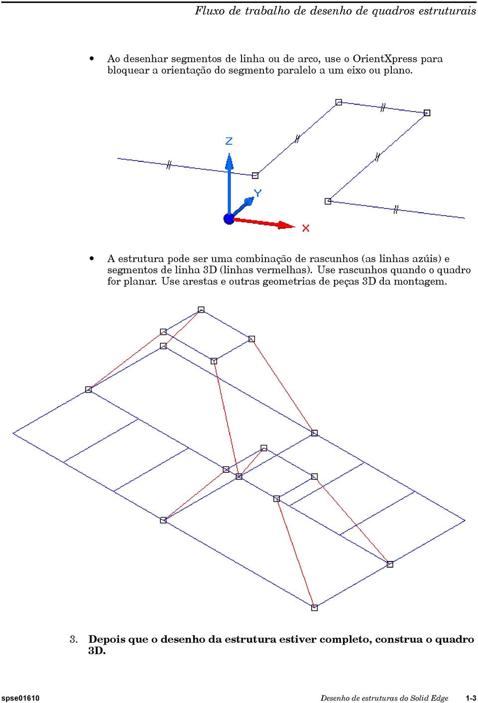 A estrutura pode ser uma combinação de rascunhos (as linhas azúis) e segmentos de linha 3D (linhas vermelhas).