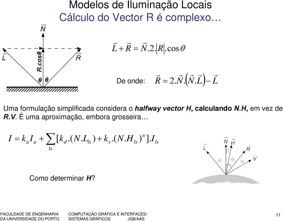 N. L L r r r r r Uma formulação simplificada considera o halfway vector H, calculando