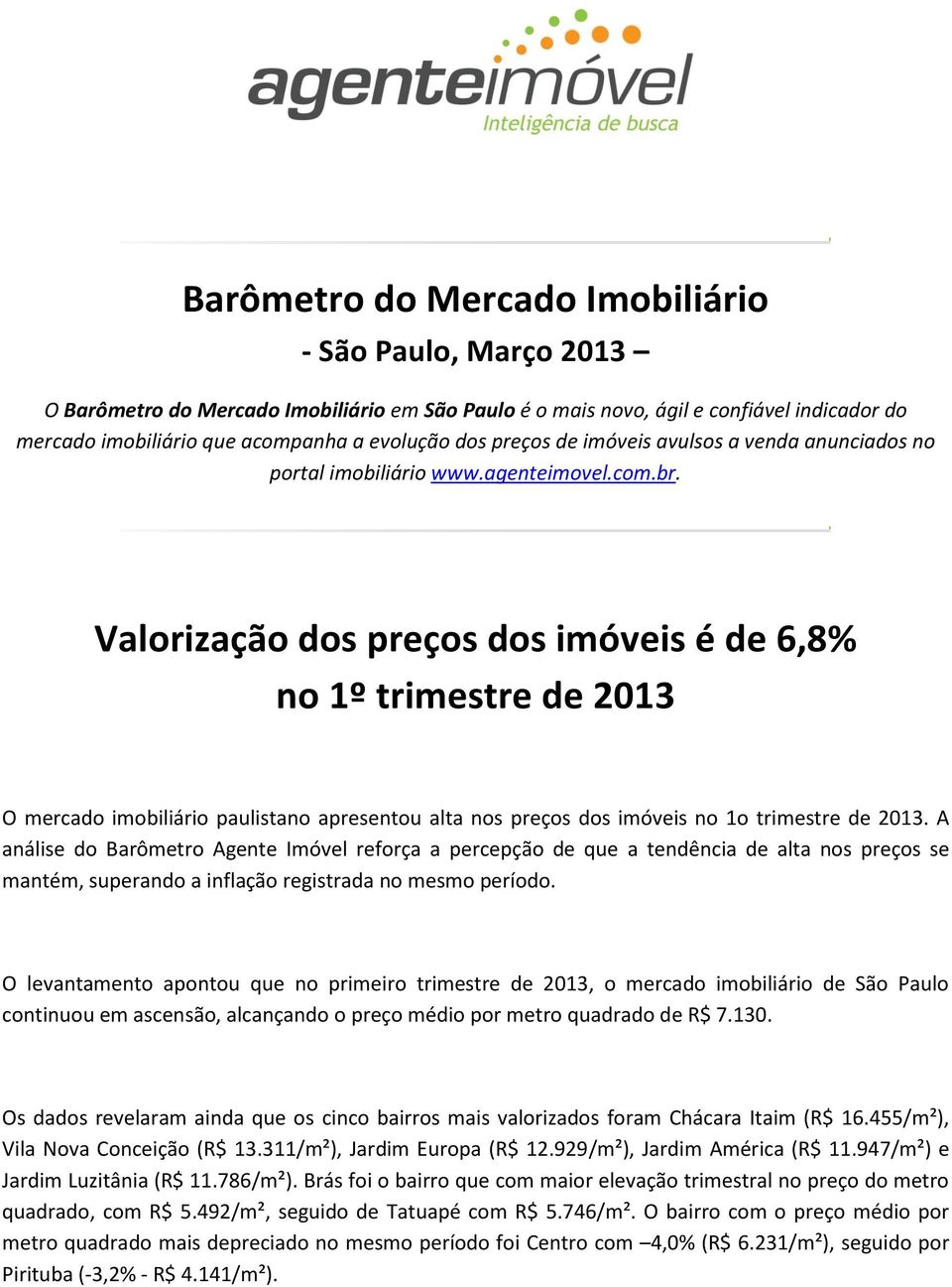 Valorização dos preços dos imóveis é de 6,8% no 1º trimestre de 2013 O mercado imobiliário paulistano apresentou alta nos preços dos imóveis no 1o trimestre de 2013.
