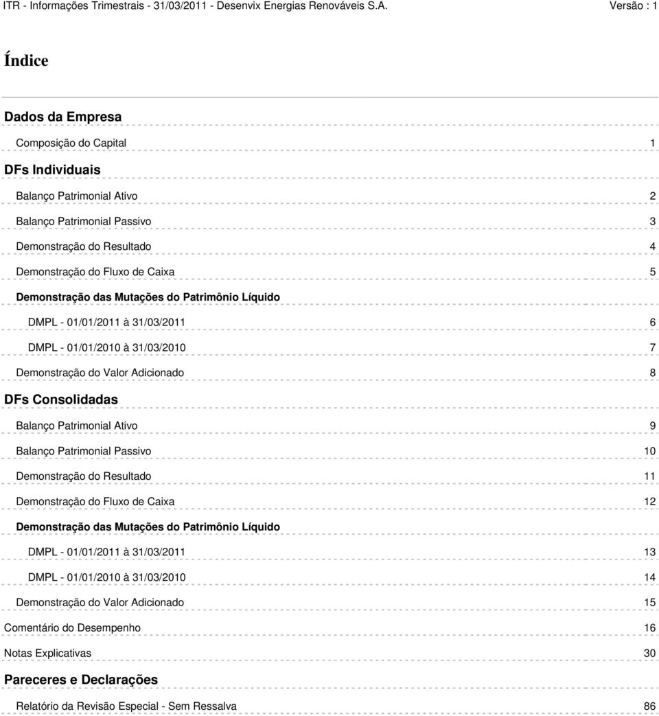 Patrimonial Ativo 9 Balanço Patrimonial Passivo 10 Demonstração do Resultado 11 Demonstração do Fluxo de Caixa 12 Demonstração das Mutações do Patrimônio Líquido DMPL - 01/01/2011 à