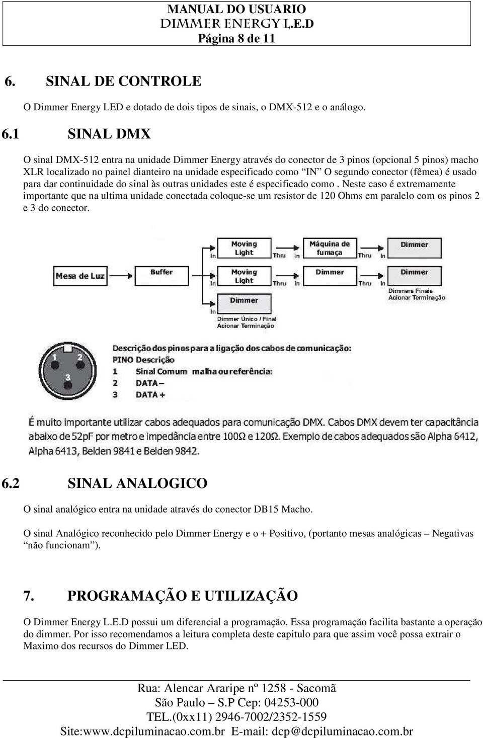 1 SINAL DMX O sinal DMX-512 entra na unidade Dimmer Energy através do conector de 3 pinos (opcional 5 pinos) macho XLR localizado no painel dianteiro na unidade especificado como IN O segundo